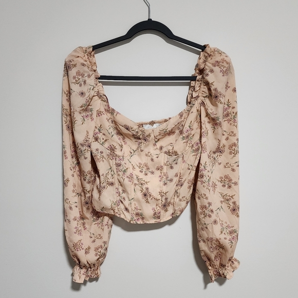 ASTR The Label Top Womens Small Blush Pink Floral Crop Blouse Long Sleeve - Picture 1 of 9